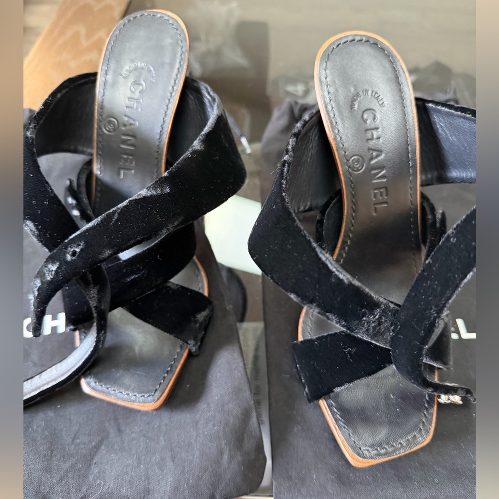CHANEL Black Velvet Heeled Sandals